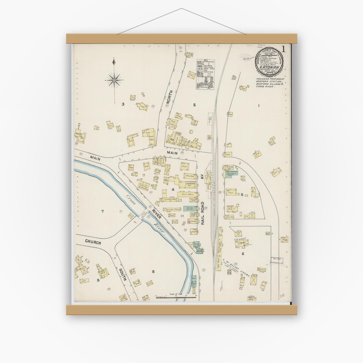 Old map wall art mockup — magnetic wood frame on white wall — Sanborn Fire Insurance Map from Katonah, Westchester County, New York (1890) - Complete Map Set