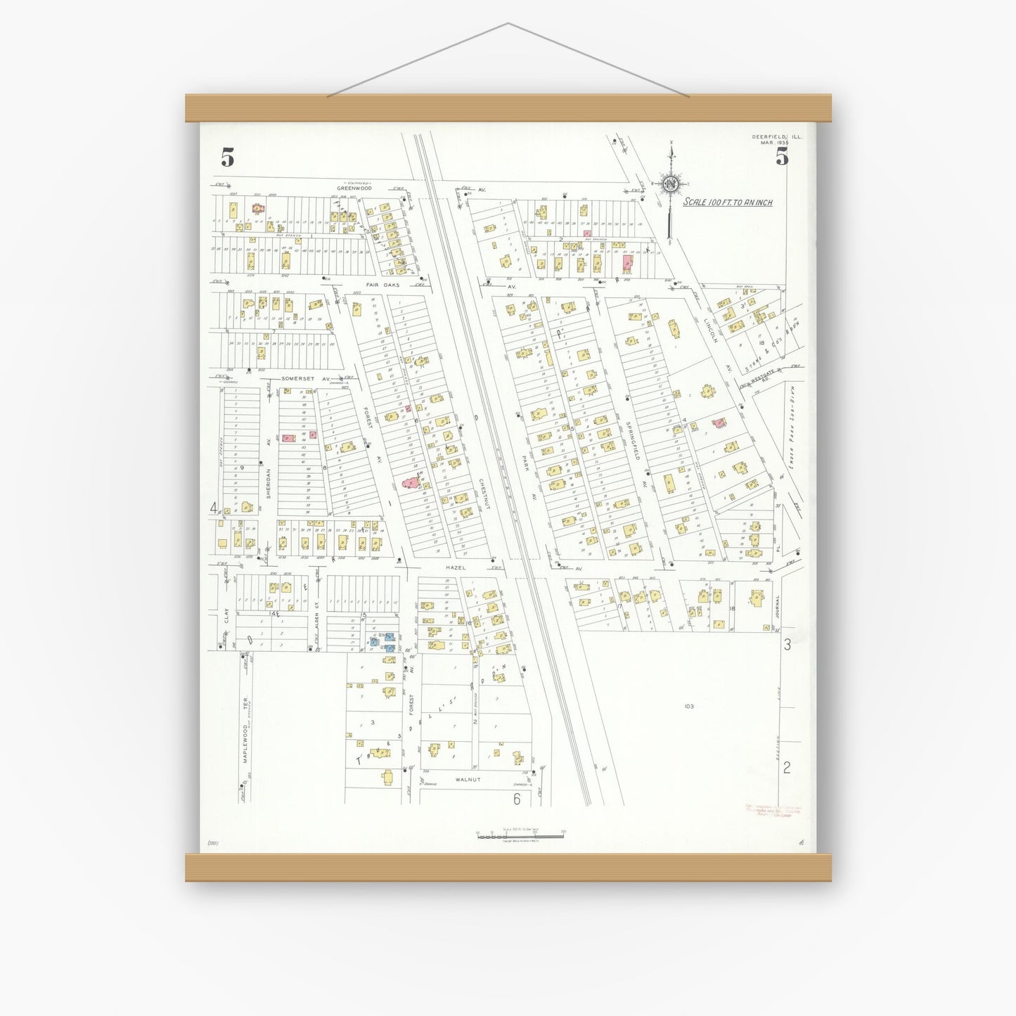 Old map wall art mockup — magnetic wood frame on white wall — Sanborn Fire Insurance Map from Deerfield, Lake County, Illinois (1935), Sheet #0005