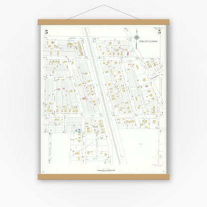 Old map wall art mockup — magnetic wood frame on white wall — Sanborn Fire Insurance Map from Deerfield, Lake County, Illinois (1935), Sheet #0005