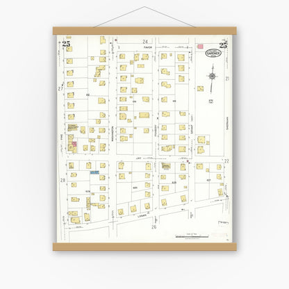 Old map wall art mockup — magnetic wood frame on white wall — Sanborn Fire Insurance Map from Gardner, Worcester County, Massachusetts (1923), Sheet #0025