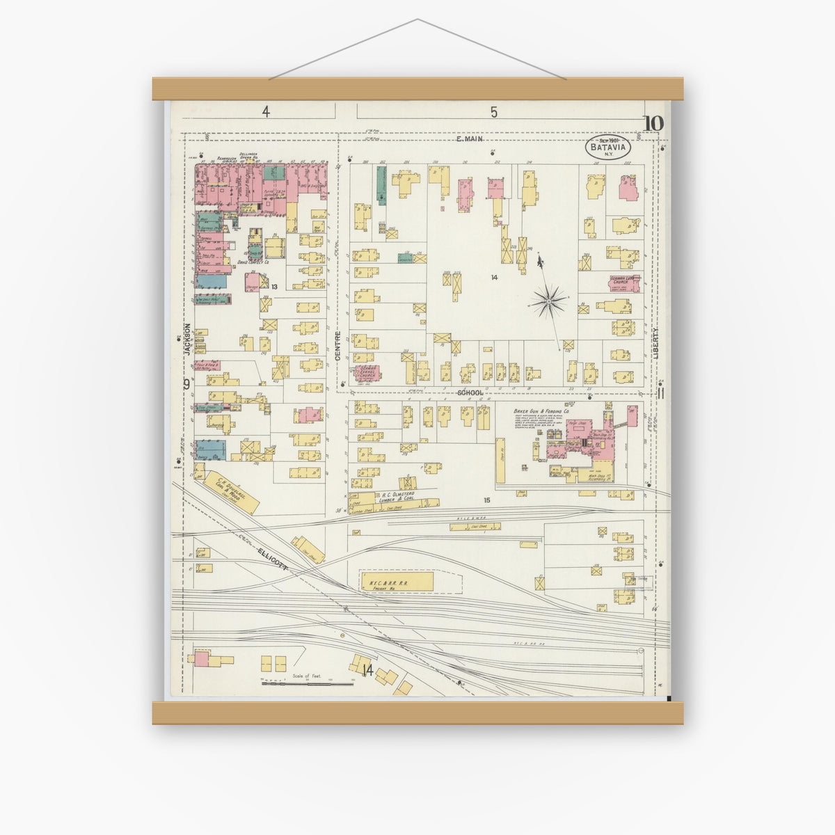 Old map wall art mockup — magnetic wood frame on white wall — Sanborn Fire Insurance Map from Batavia, Genesee County, New York (1901), Sheet #0010