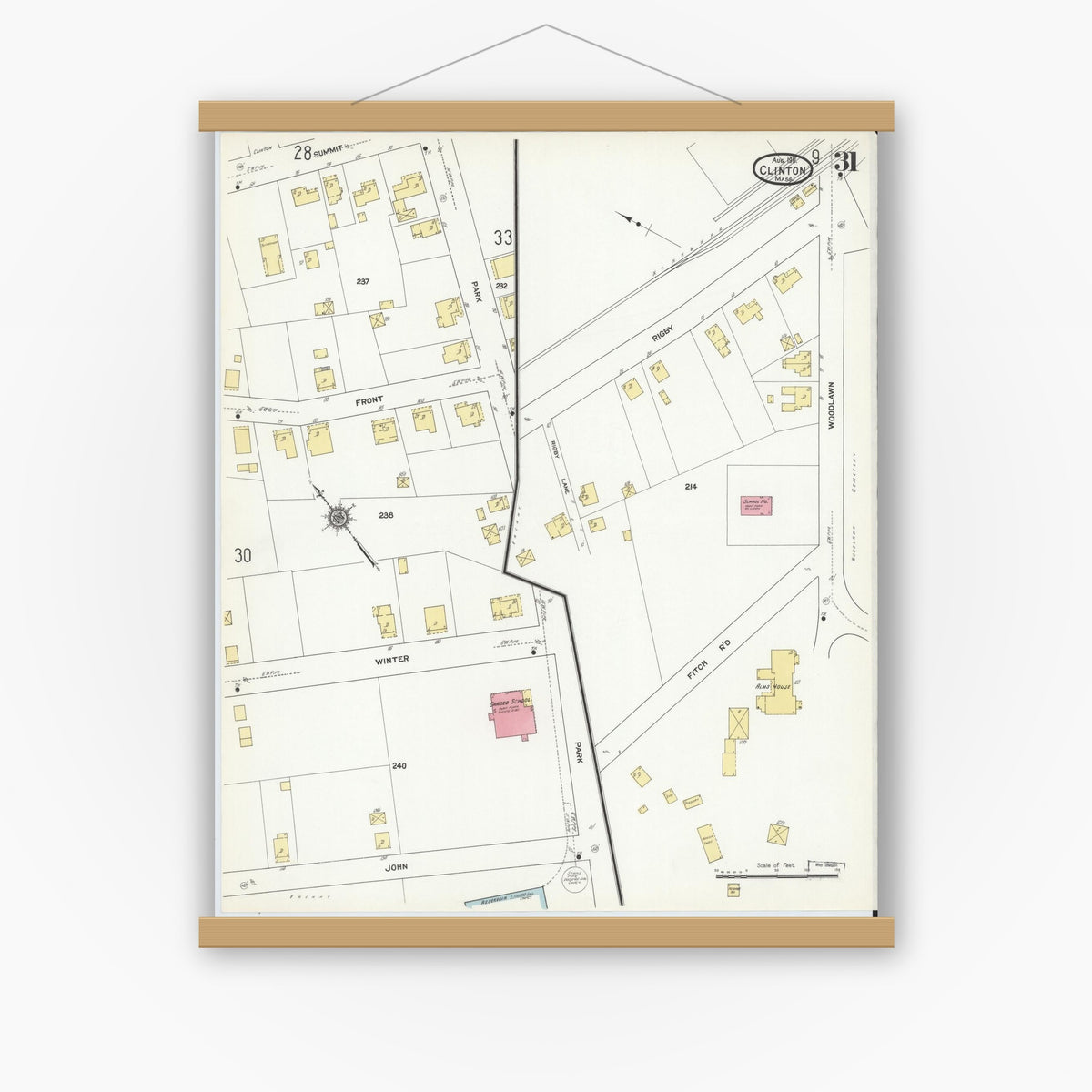 Old map wall art mockup — magnetic wood frame on white wall — Sanborn Fire Insurance Map from Clinton, Worcester County, Massachusetts (1911), Sheet #0031