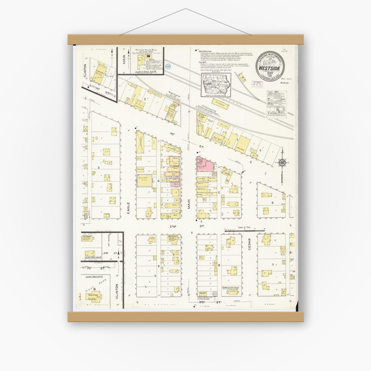 Old map wall art mockup — magnetic wood frame on white wall — Sanborn Fire Insurance Map from Westside, Crawford County, Iowa (1915), Sheet #0001