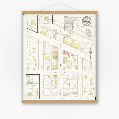 Old map wall art mockup — magnetic wood frame on white wall — Sanborn Fire Insurance Map from Westside, Crawford County, Iowa (1915), Sheet #0001