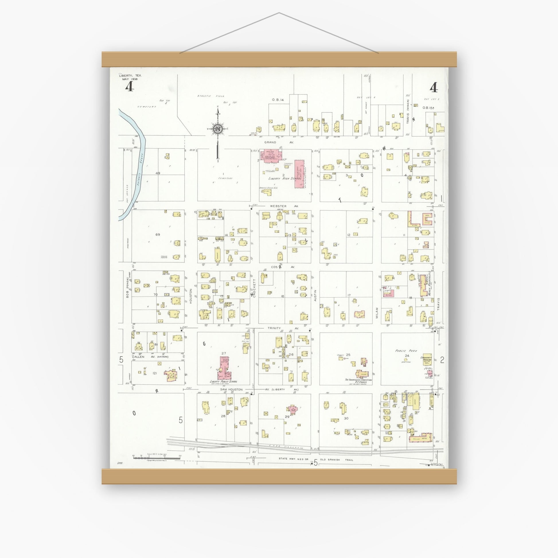 Old map wall art mockup — magnetic wood frame on white wall — Sanborn Fire Insurance Map from Liberty, Liberty County, Texas (1938), Sheet #0004