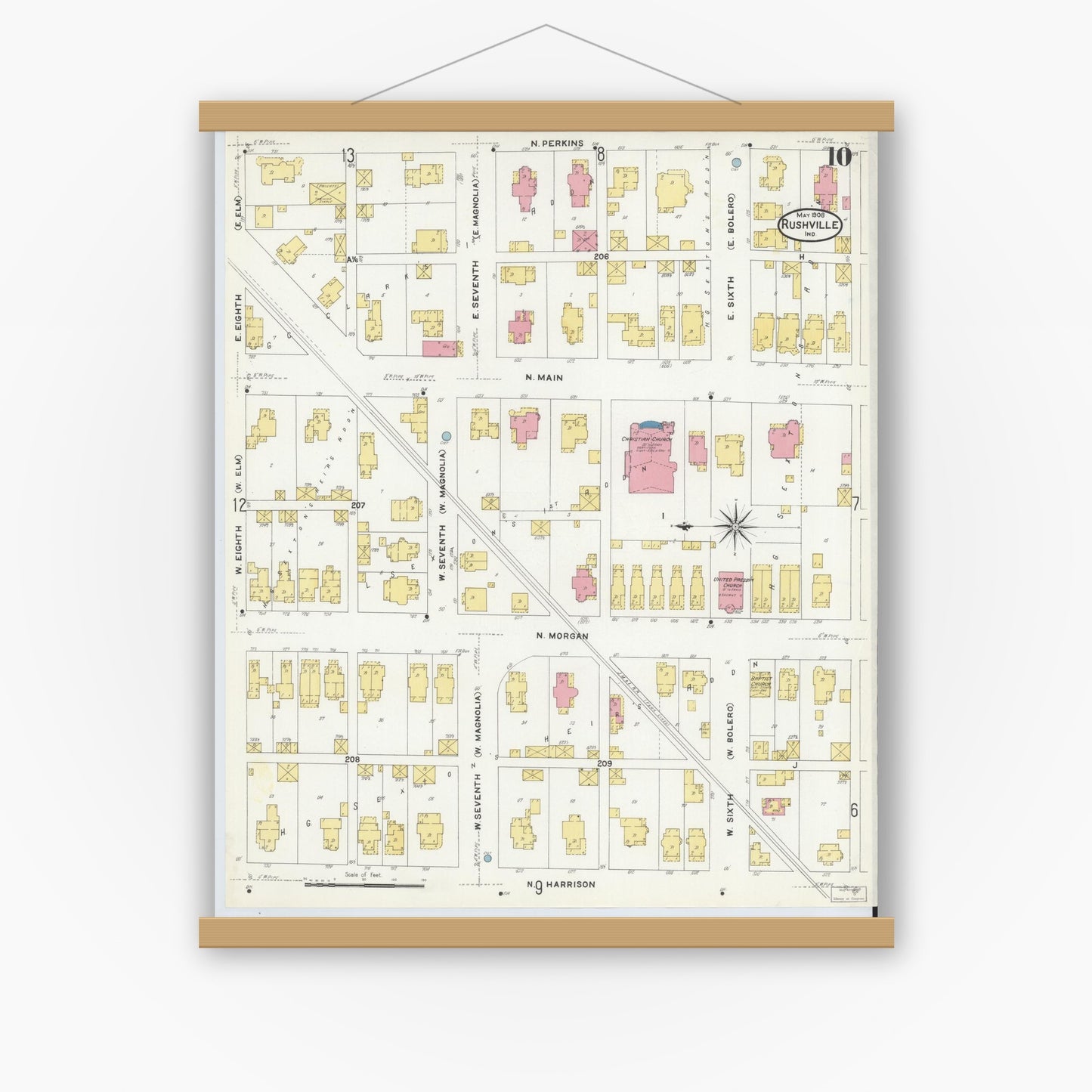 Old map wall art mockup — magnetic wood frame on white wall — Sanborn Fire Insurance Map from Rushville, Rush County, Indiana (1908), Sheet #0010