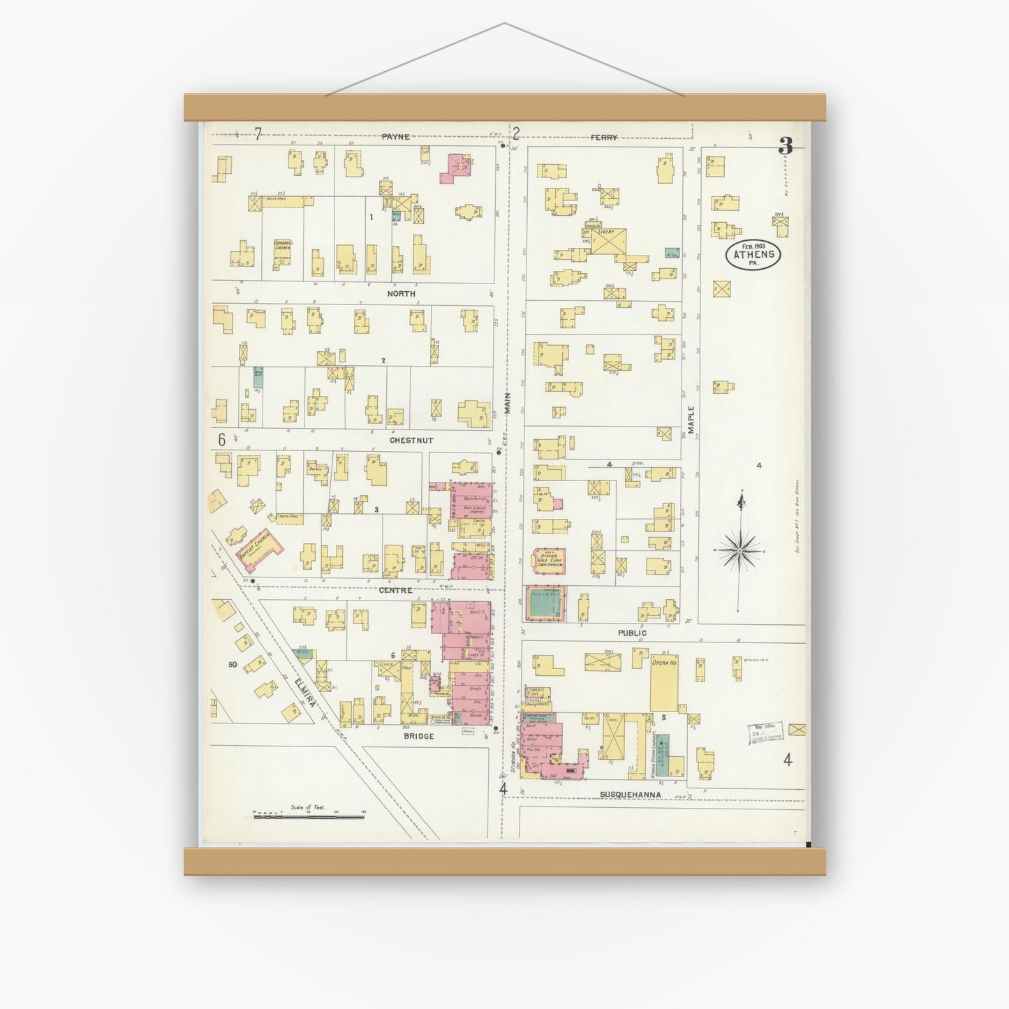 Old map wall art mockup — magnetic wood frame on white wall — Sanborn Fire Insurance Map from Athens, Bradford County, Pennsylvania (1903), Sheet #0003
