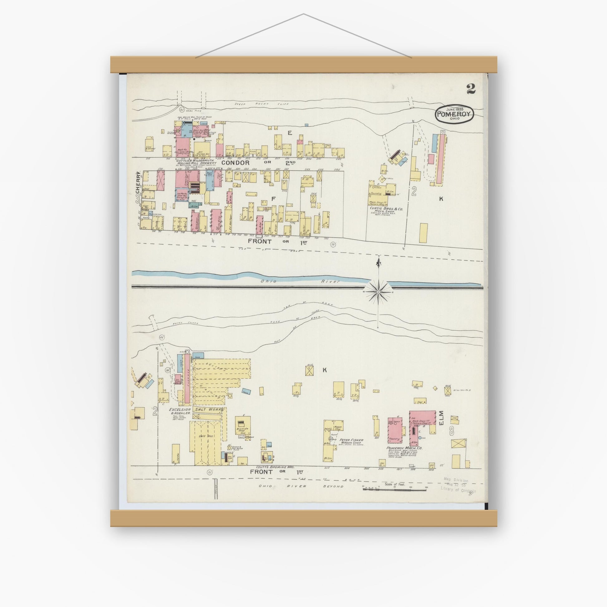 Old map wall art mockup — magnetic wood frame on white wall — Sanborn Fire Insurance Map from Pomeroy, Meigs County, Ohio (1893), Sheet #0002