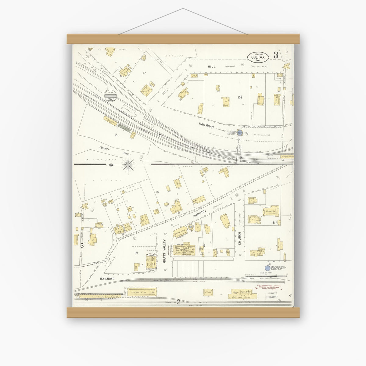 Old map wall art mockup — magnetic wood frame on white wall — Sanborn Fire Insurance Map from Colfax, Placer County, California (1907), Sheet #0003