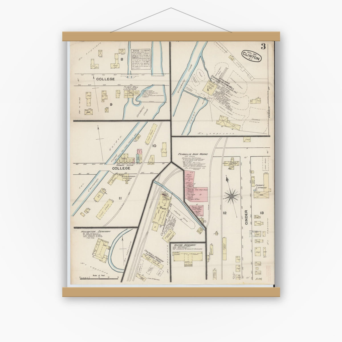Old map wall art mockup — magnetic wood frame on white wall — Sanborn Fire Insurance Map from Clinton, Oneida County, New York (1884), Sheet #0003