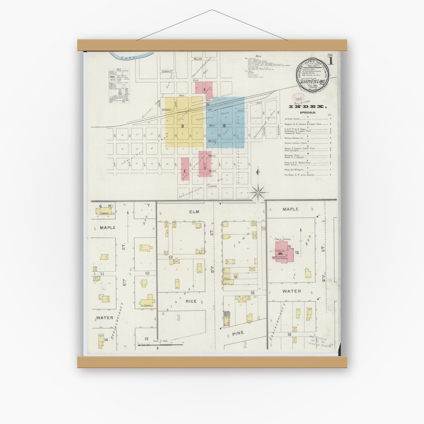 Old map wall art mockup — magnetic wood frame on white wall — Sanborn Fire Insurance Map from Sleepy Eye, Brown County, Minnesota (1894) - Complete Map Set