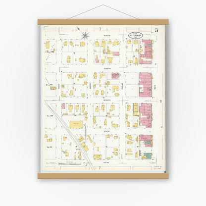 Old map wall art mockup — magnetic wood frame on white wall — Sanborn Fire Insurance Map from Petersburg, Pike County, Indiana (1907), Sheet #0005