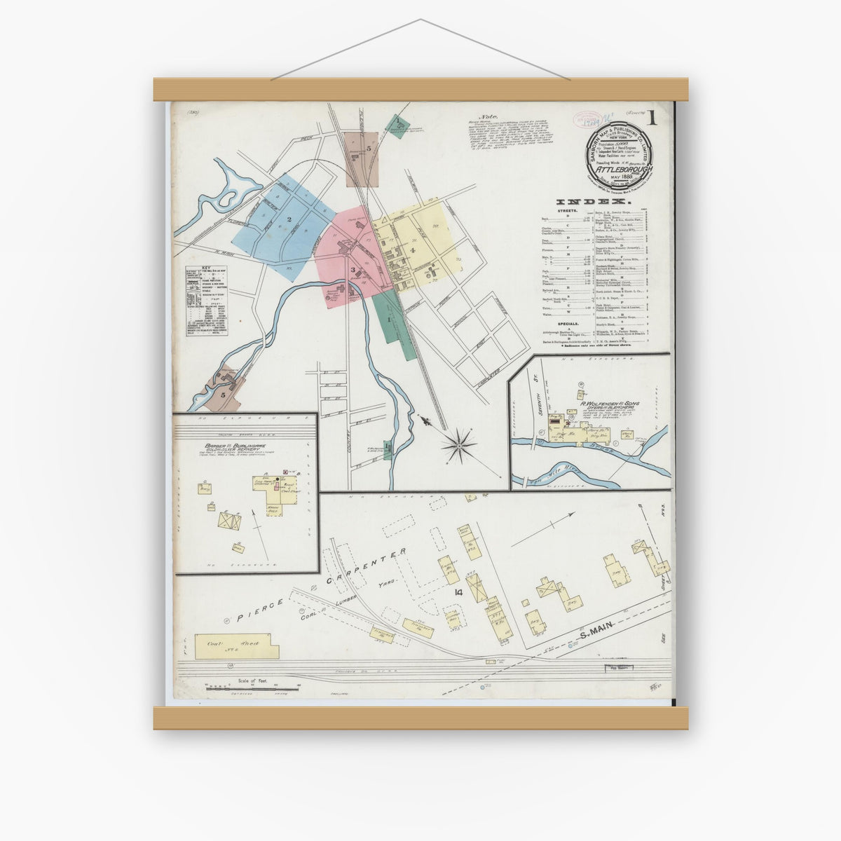 Old map wall art mockup — magnetic wood frame on white wall — Sanborn Fire Insurance Map from Attleboro, Bristol County, Massachusetts (1889), Sheet #0001