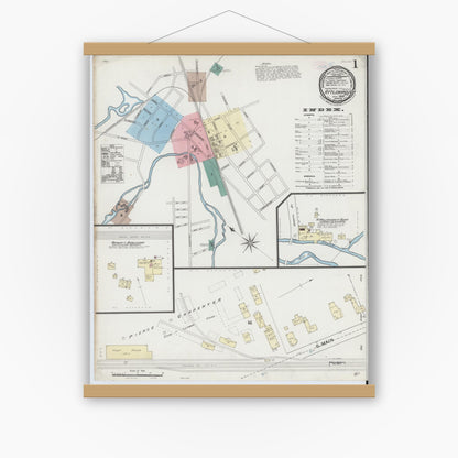 Old map wall art mockup — magnetic wood frame on white wall — Sanborn Fire Insurance Map from Attleboro, Bristol County, Massachusetts (1889), Sheet #0001