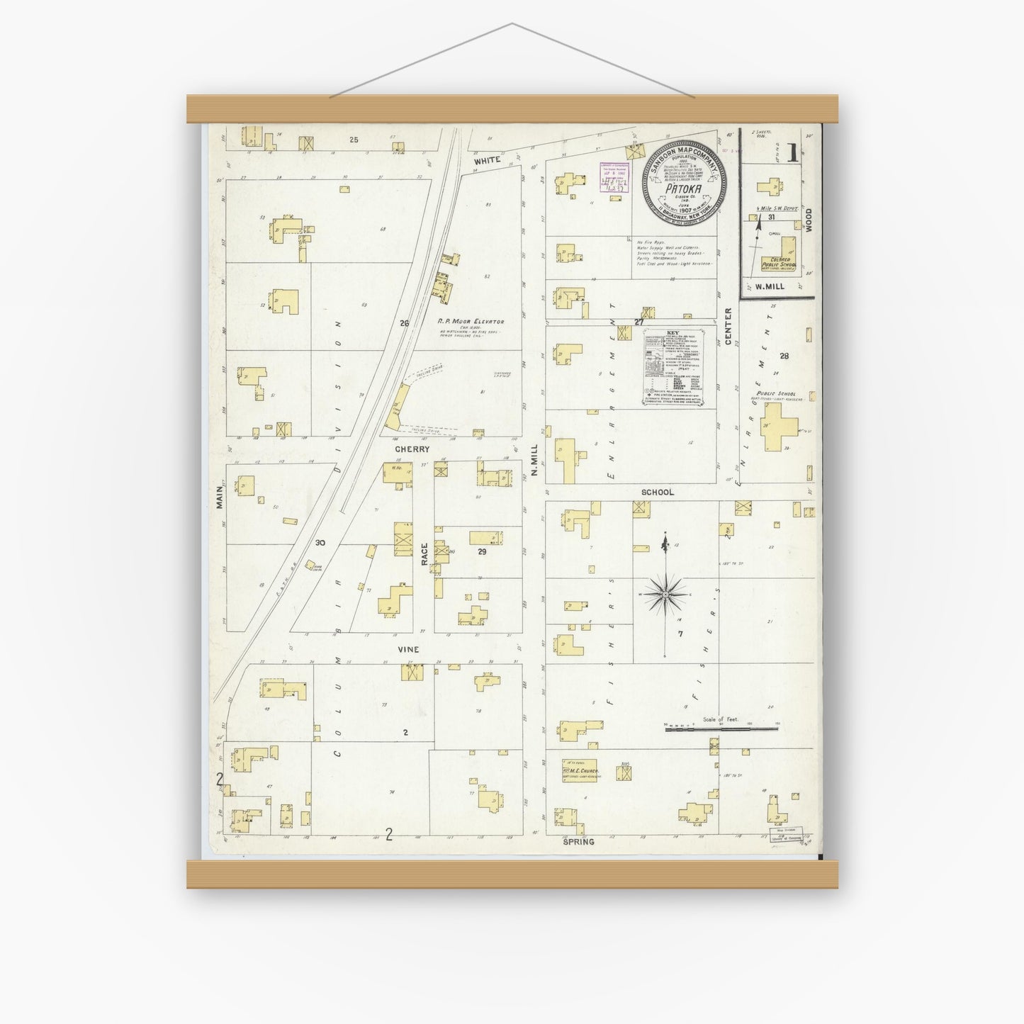 Old map wall art mockup — magnetic wood frame on white wall — Sanborn Fire Insurance Map from Patoka, Gibson County, Indiana (1907), Sheet #0001