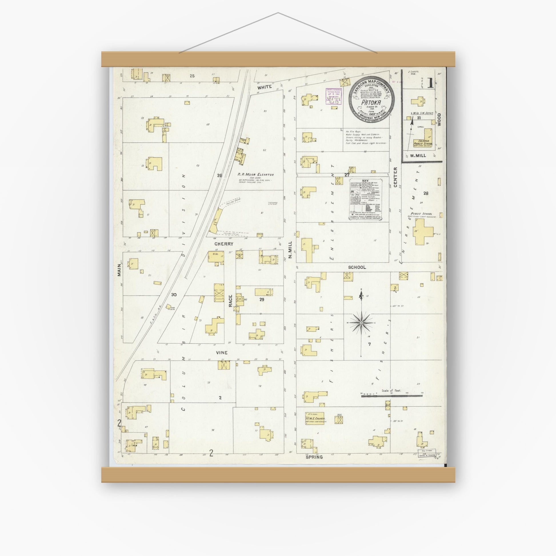 Old map wall art mockup — magnetic wood frame on white wall — Sanborn Fire Insurance Map from Patoka, Gibson County, Indiana (1907), Sheet #0001