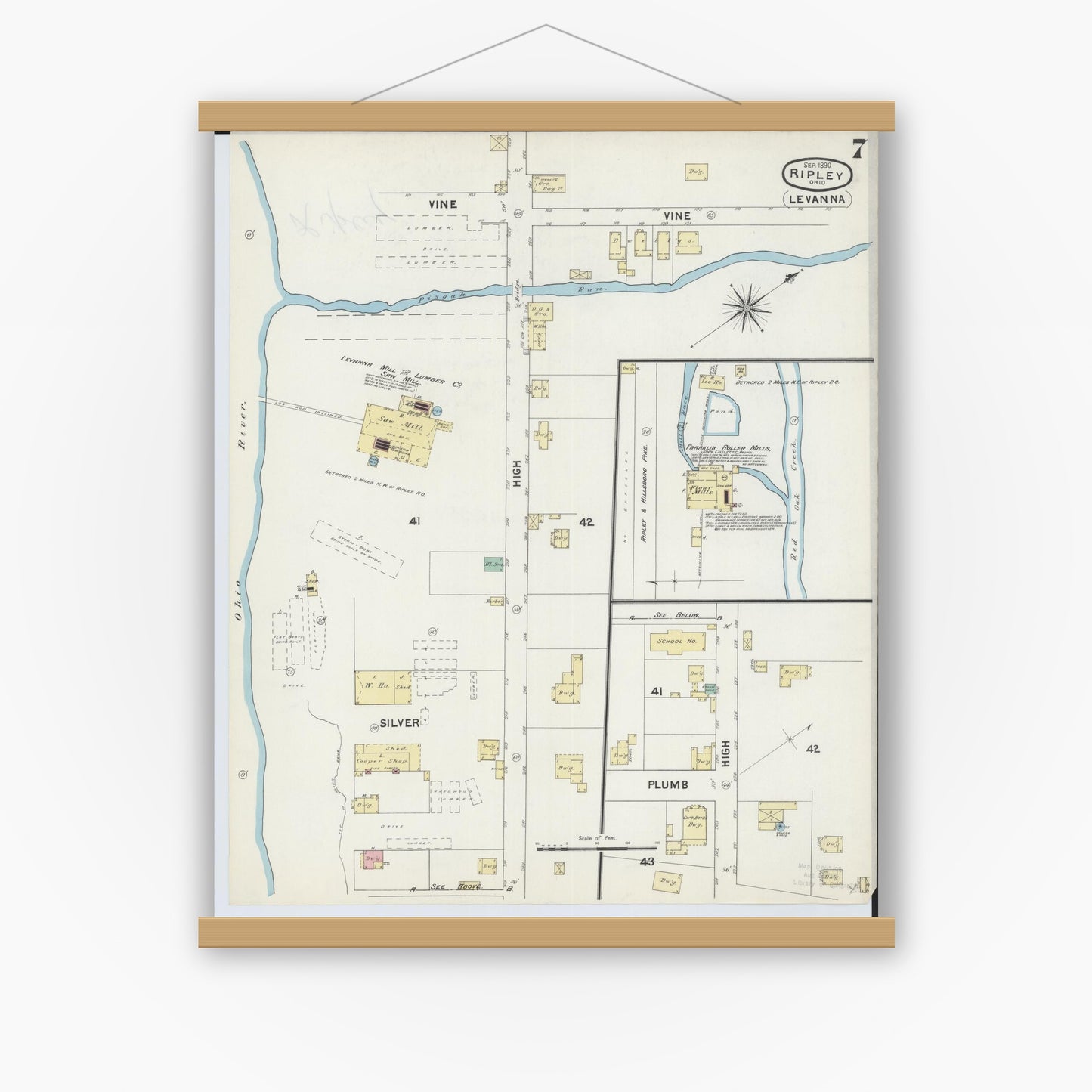 Old map wall art mockup — magnetic wood frame on white wall — Sanborn Fire Insurance Map from Ripley, Brown County, Ohio (1890), Sheet #0007