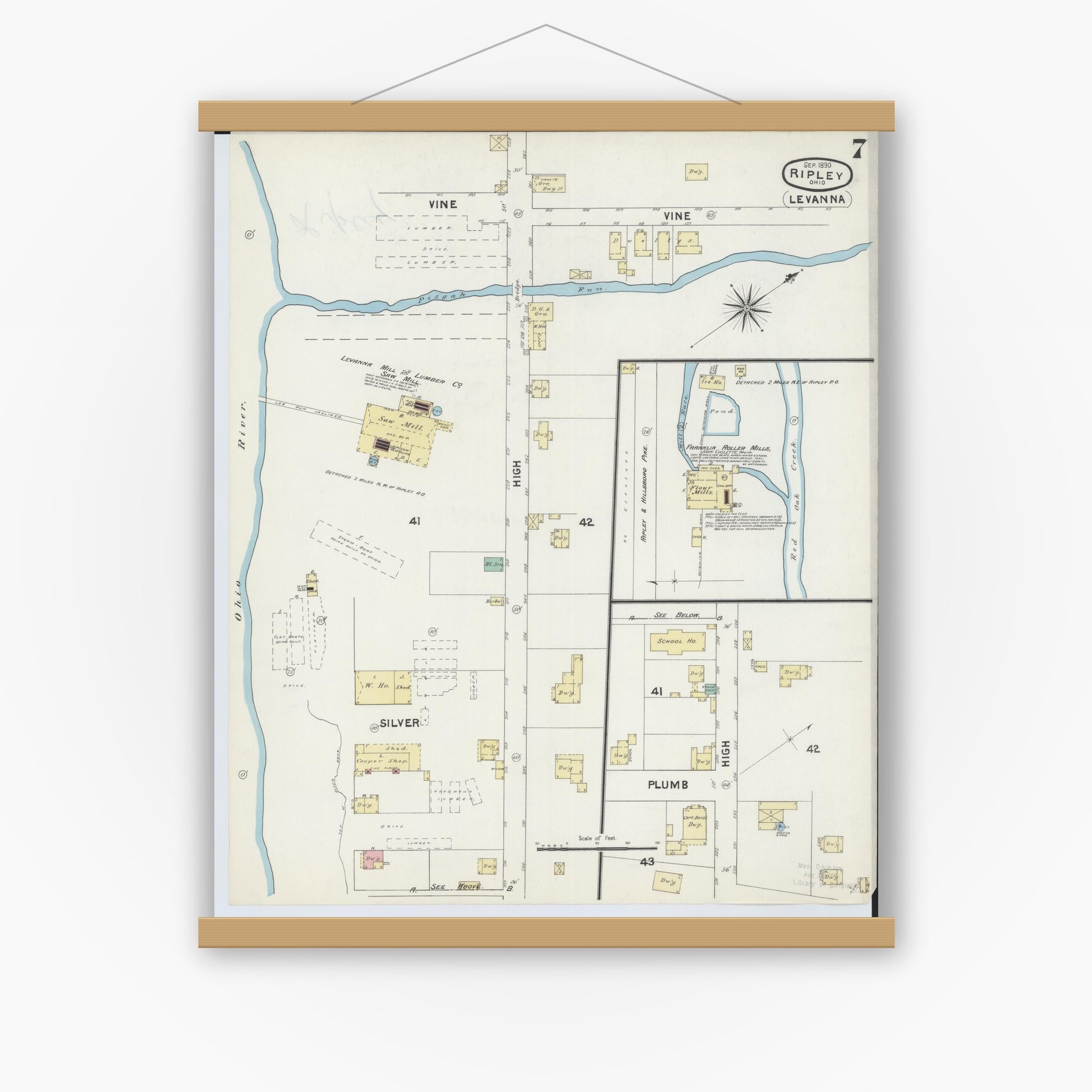 Old map wall art mockup — magnetic wood frame on white wall — Sanborn Fire Insurance Map from Ripley, Brown County, Ohio (1890), Sheet #0007