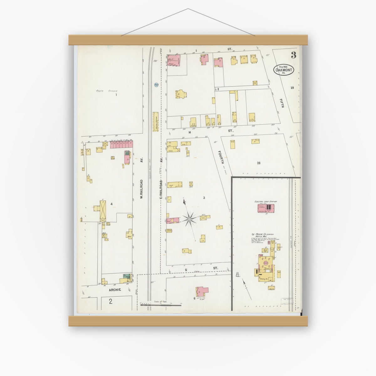 Old map wall art mockup — magnetic wood frame on white wall — Sanborn Fire Insurance Map from Oakmont, Allegheny County, Pennsylvania (1900), Sheet #0003
