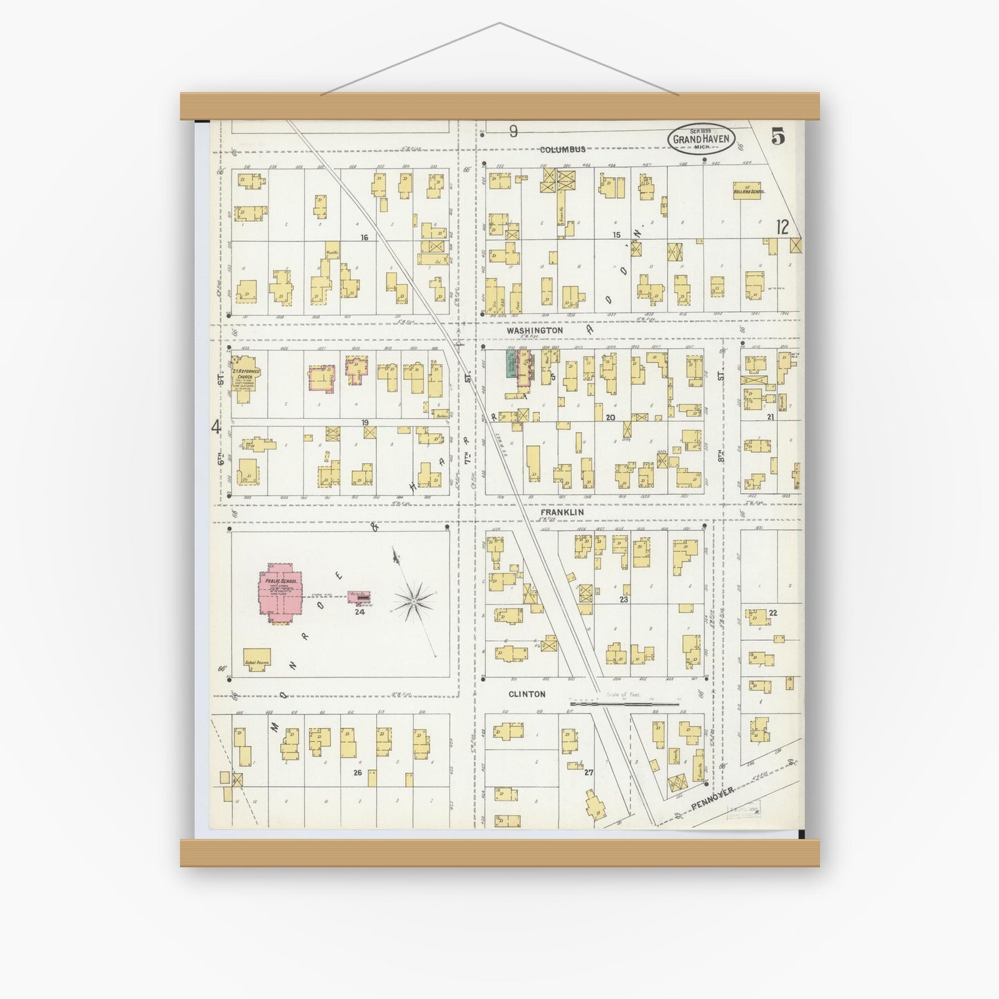 Old map wall art mockup — magnetic wood frame on white wall — Sanborn Fire Insurance Map from Grand Haven, Ottawa County, Michigan (1899), Sheet #0005