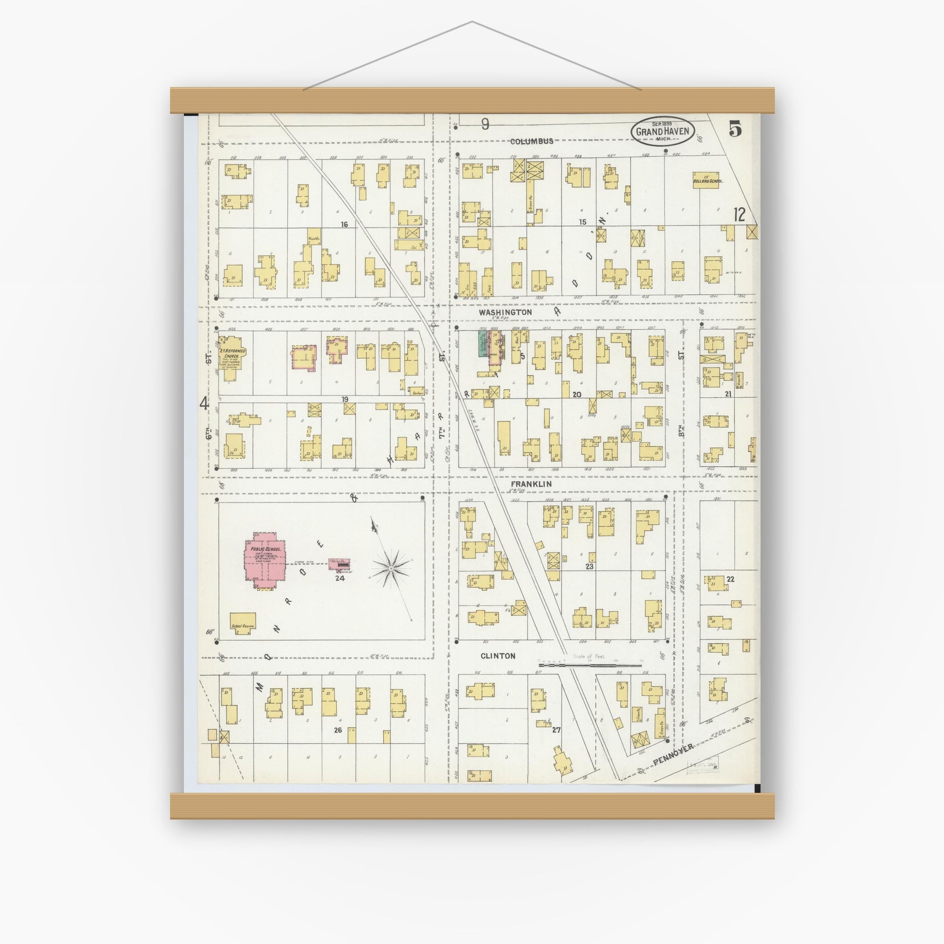 Old map wall art mockup — magnetic wood frame on white wall — Sanborn Fire Insurance Map from Grand Haven, Ottawa County, Michigan (1899), Sheet #0005