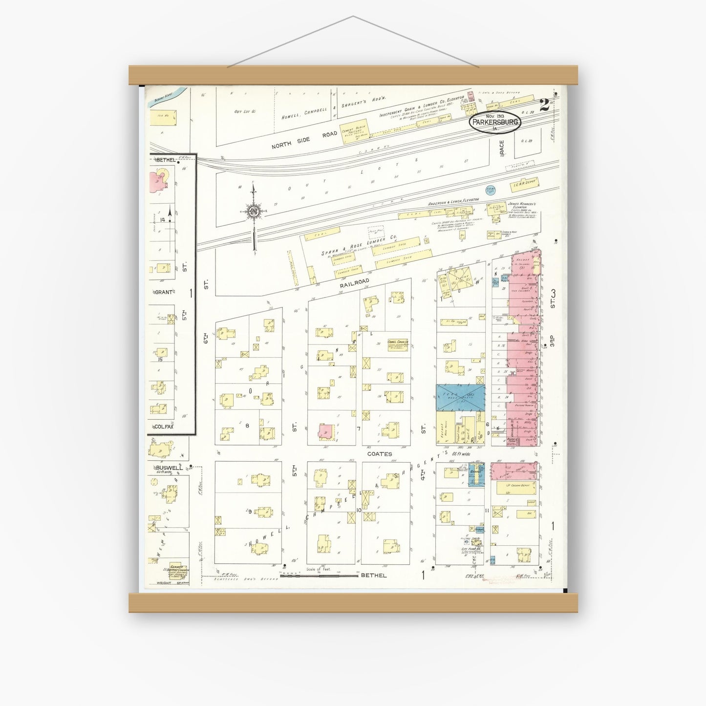 Old map wall art mockup — magnetic wood frame on white wall — Sanborn Fire Insurance Map from Parkersburg, Butler County, Iowa (1913), Sheet #0002