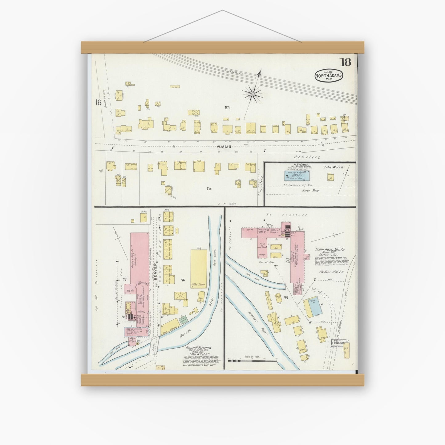 Old map wall art mockup — magnetic wood frame on white wall — Sanborn Fire Insurance Map from North Adams, Berkshire County, Massachusetts (1897), Sheet #0018