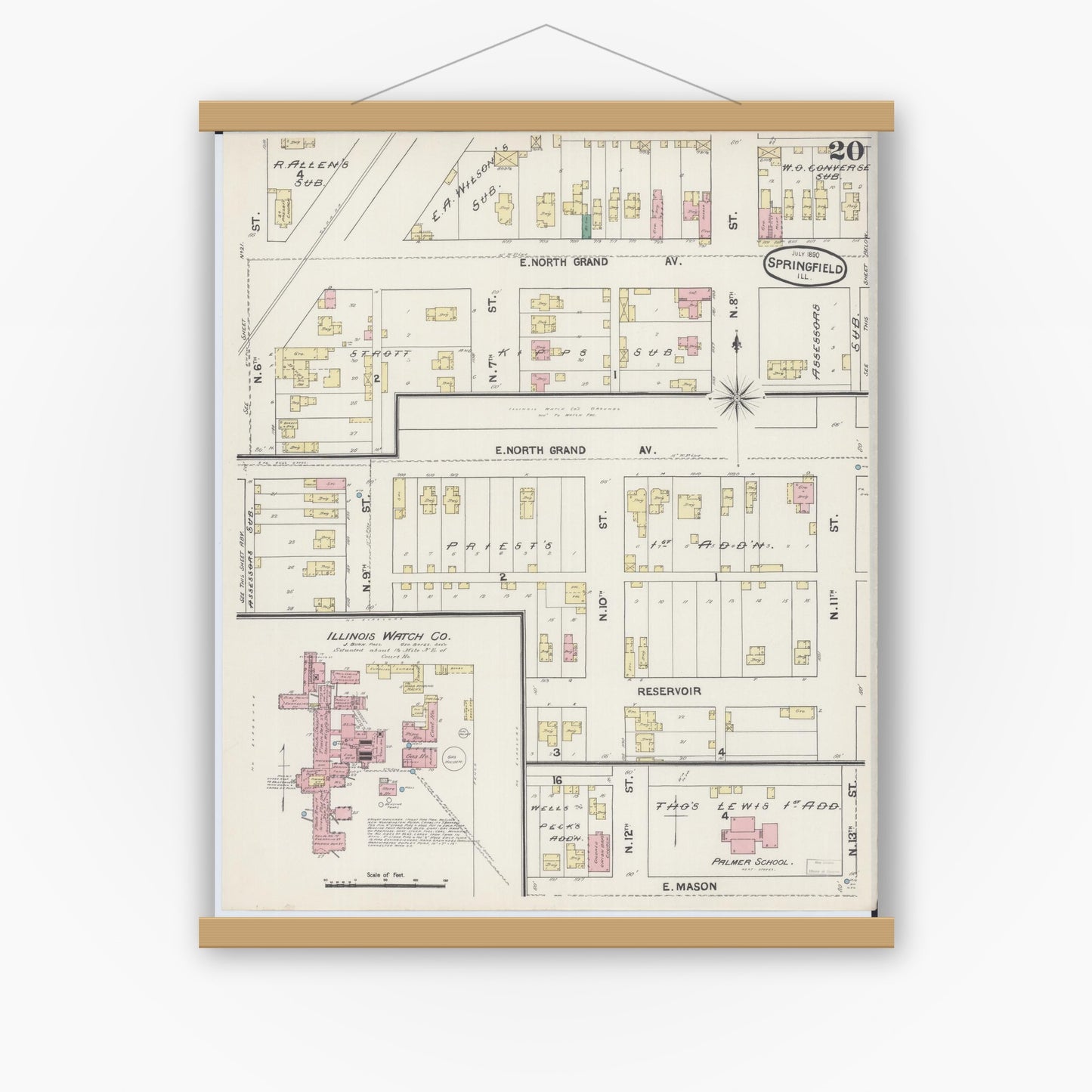 Old map wall art mockup — magnetic wood frame on white wall — Sanborn Fire Insurance Map from Springfield, Sangamon County, Illinois (1890), Sheet #0020