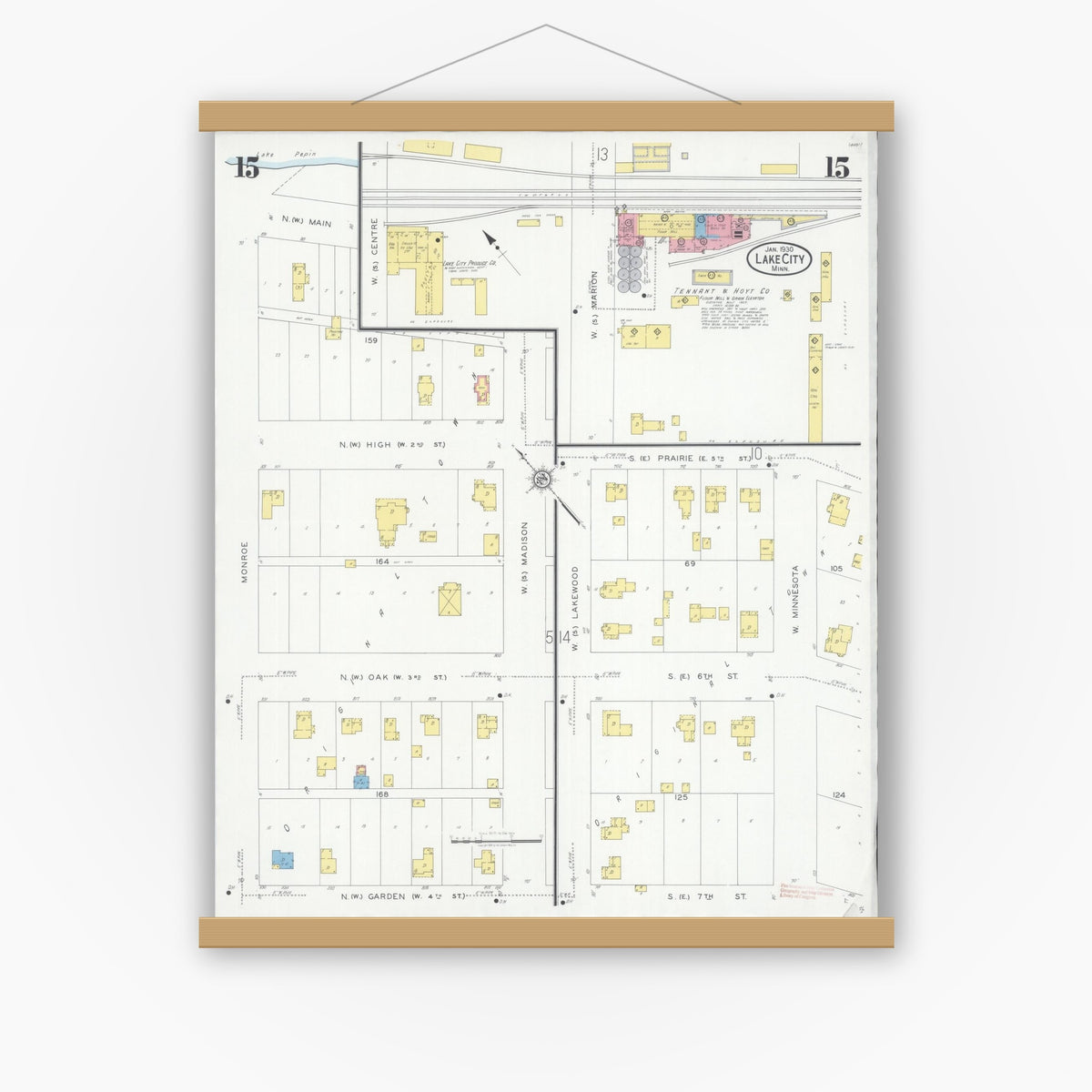 Old map wall art mockup — magnetic wood frame on white wall — Sanborn Fire Insurance Map from Lake City, Wabasha County, Minnesota (1930), Sheet #0015