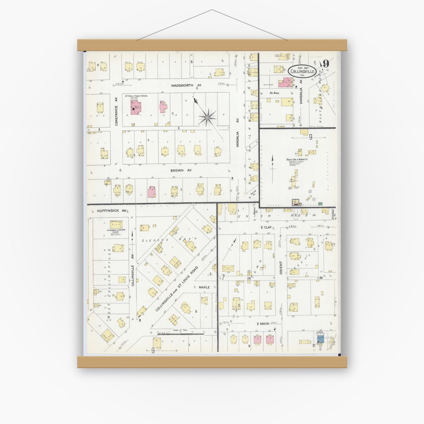 Old map wall art mockup — magnetic wood frame on white wall — Sanborn Fire Insurance Map from Collinsville, Madison County, Illinois (1907), Sheet #0009