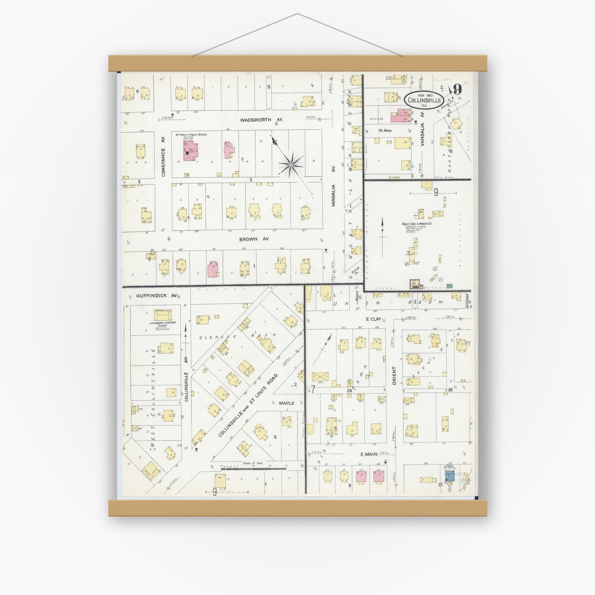 Old map wall art mockup — magnetic wood frame on white wall — Sanborn Fire Insurance Map from Collinsville, Madison County, Illinois (1907), Sheet #0009