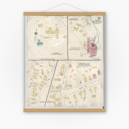 Old map wall art mockup — magnetic wood frame on white wall — Sanborn Fire Insurance Map from Hoosick Falls, Rensselaer County, New York (1945), Sheet #0014