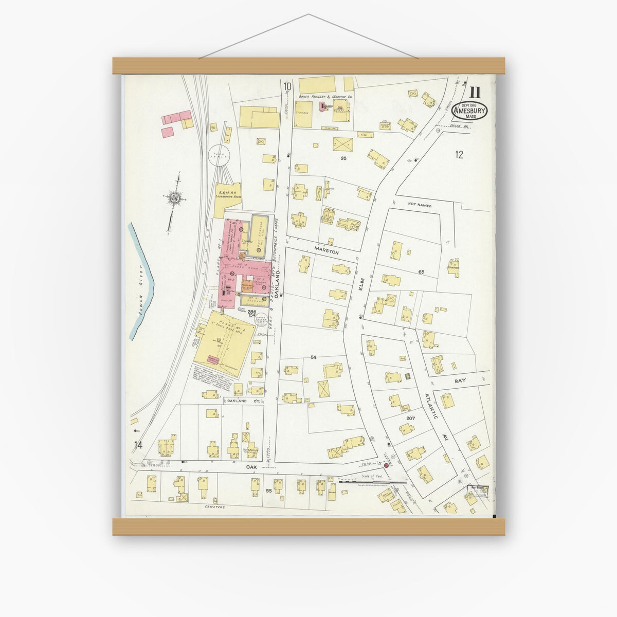 Old map wall art mockup — magnetic wood frame on white wall — Sanborn Fire Insurance Map from Amesbury, Essex County, Massachusetts (1918), Sheet #0011