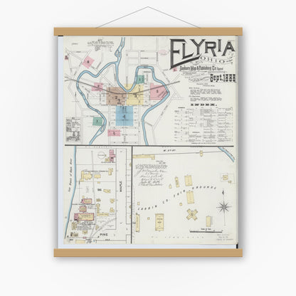 Old map wall art mockup — magnetic wood frame on white wall — Sanborn Fire Insurance Map from Elyria, Lorain County, Ohio (1888) - Complete Map Set