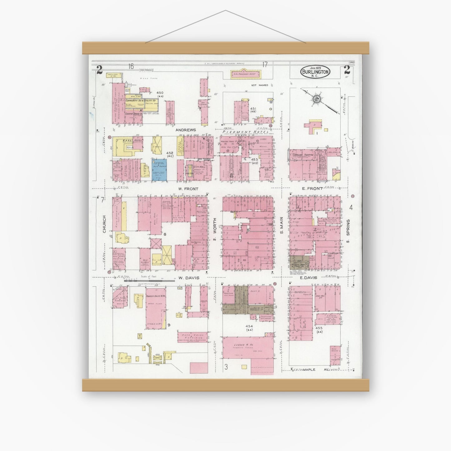 Old map wall art mockup — magnetic wood frame on white wall — Sanborn Fire Insurance Map from Burlington, Alamance County, North Carolina (1929), Sheet #0002