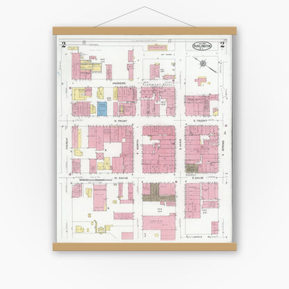 Old map wall art mockup — magnetic wood frame on white wall — Sanborn Fire Insurance Map from Burlington, Alamance County, North Carolina (1929), Sheet #0002