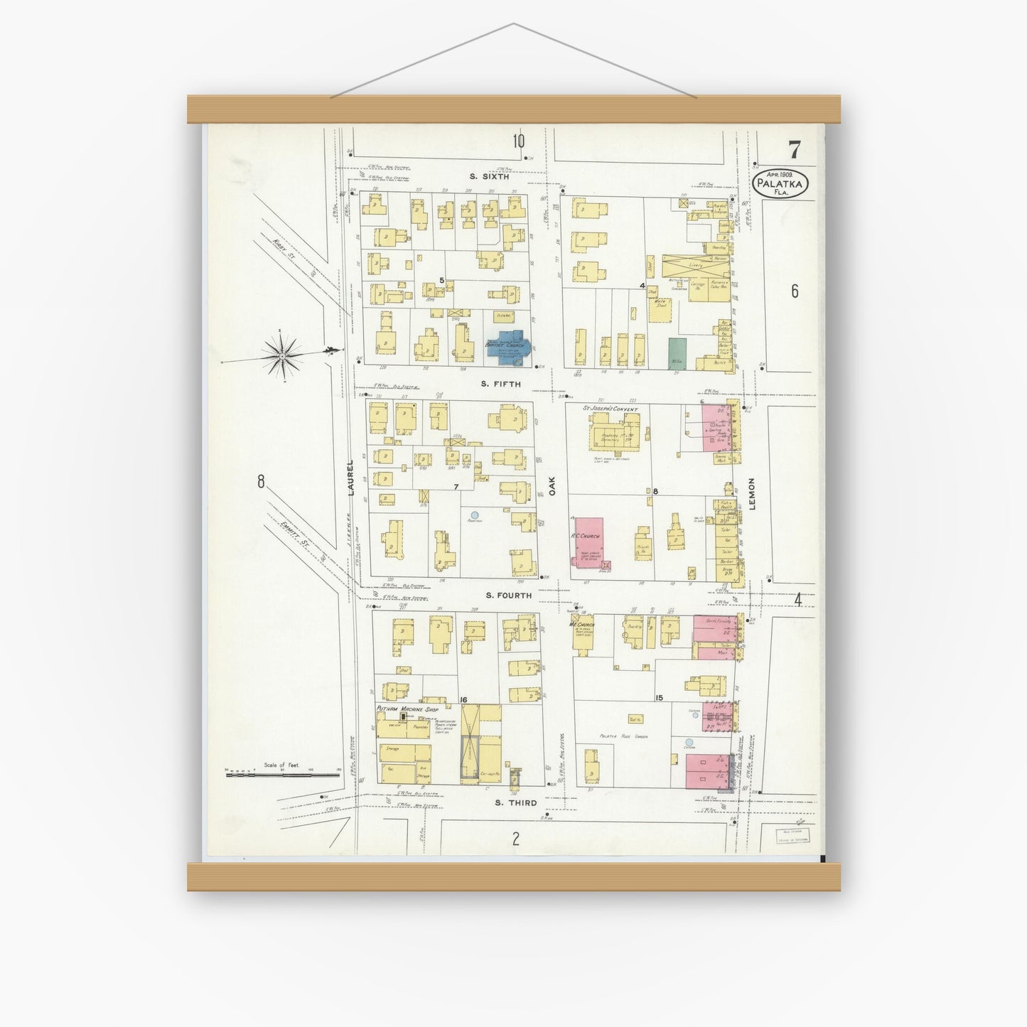 Old map wall art mockup — magnetic wood frame on white wall — Sanborn Fire Insurance Map from Palatka, Putnam County, Florida (1909), Sheet #0007
