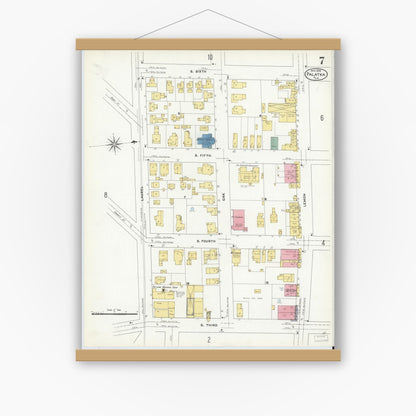 Old map wall art mockup — magnetic wood frame on white wall — Sanborn Fire Insurance Map from Palatka, Putnam County, Florida (1909), Sheet #0007