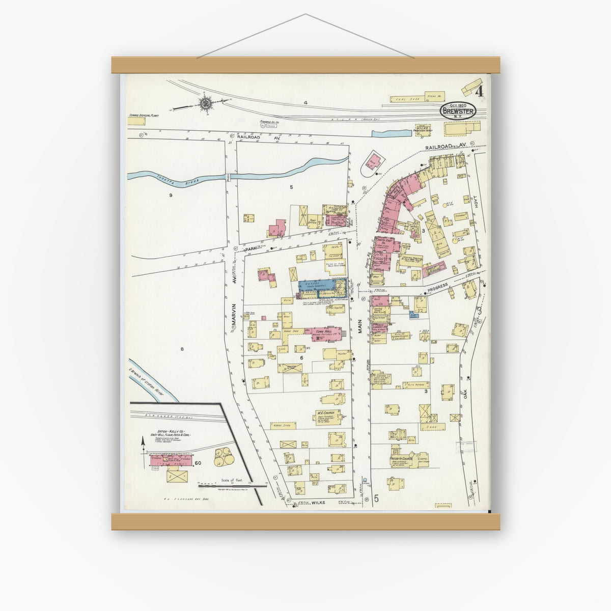 Old map wall art mockup — magnetic wood frame on white wall — Sanborn Fire Insurance Map from Brewster, Putnam County, New York (1920), Sheet #0004