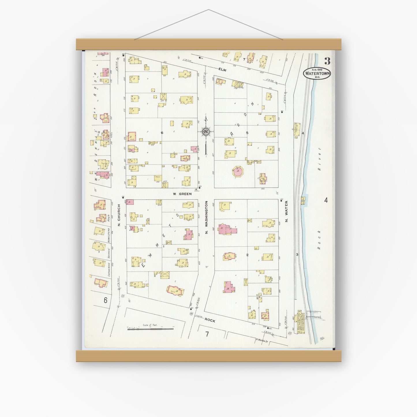 Old map wall art mockup — magnetic wood frame on white wall — Sanborn Fire Insurance Map from Watertown, Jefferson County, Wisconsin (1909), Sheet #0003