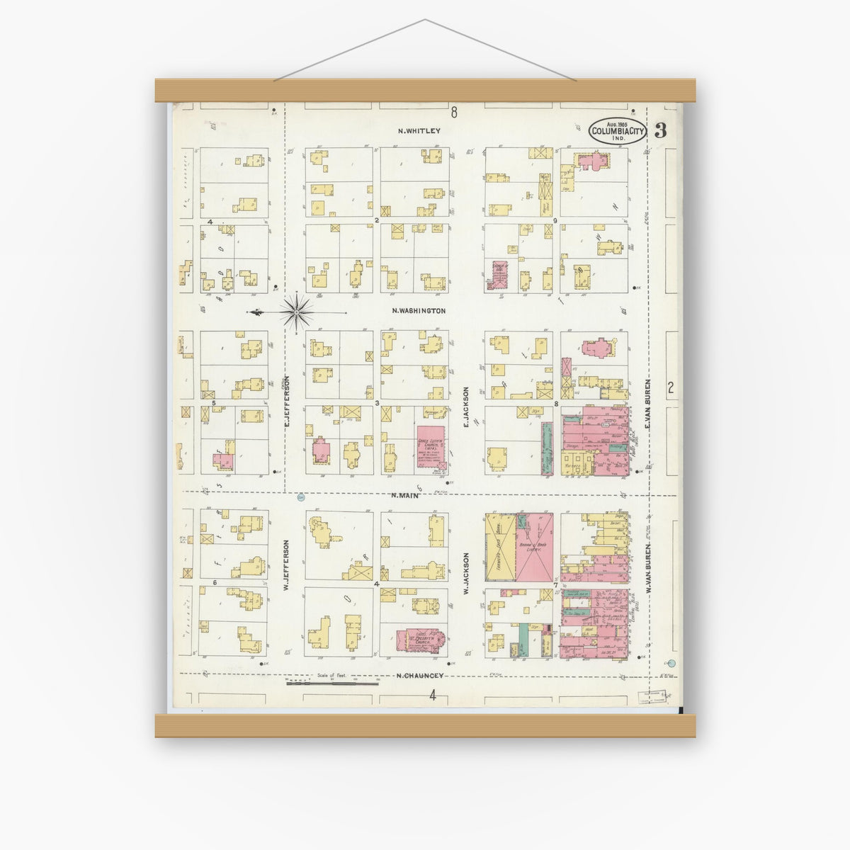 Old map wall art mockup — magnetic wood frame on white wall — Sanborn Fire Insurance Map from Columbia City, Whitley County, Indiana (1905), Sheet #0003