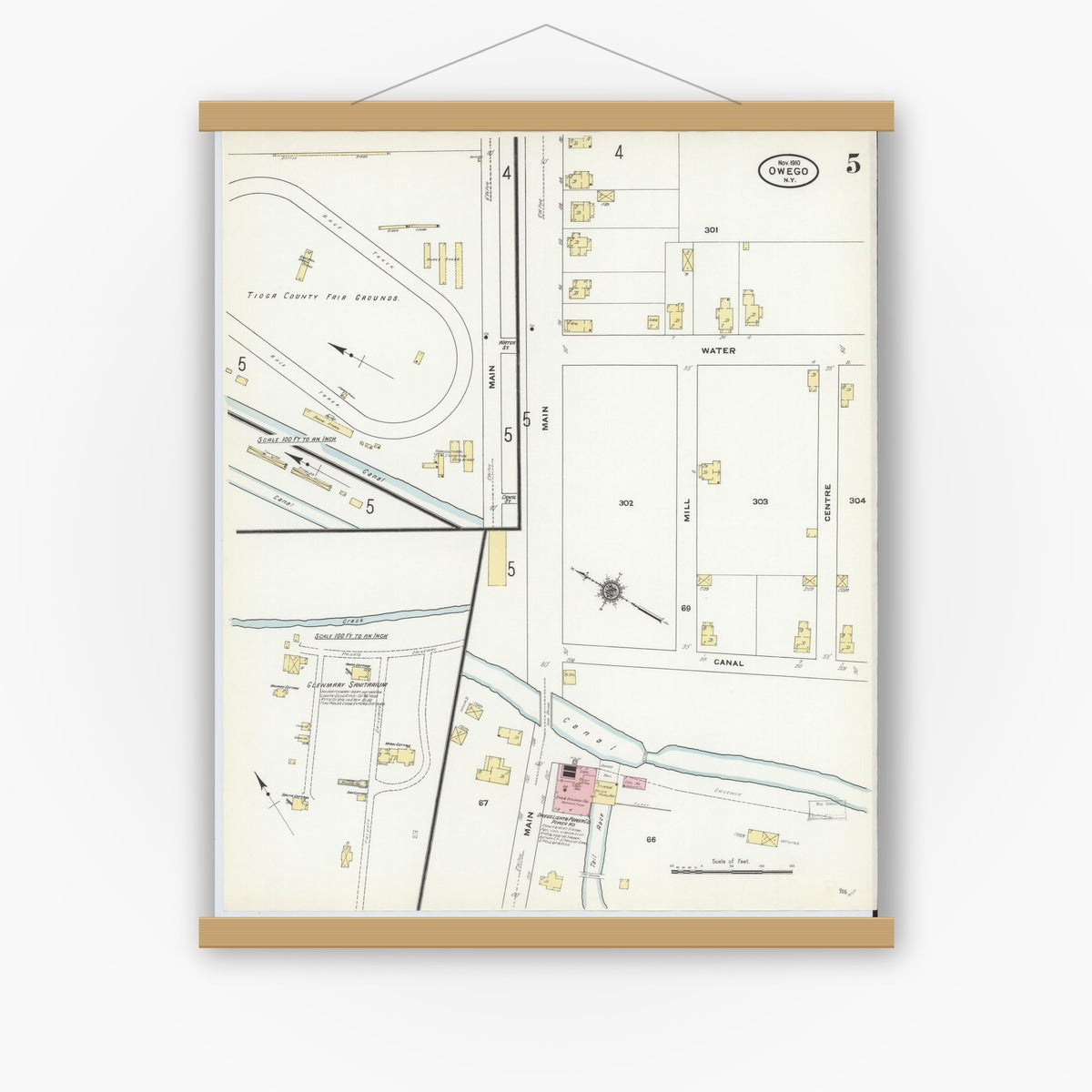 Old map wall art mockup — magnetic wood frame on white wall — Sanborn Fire Insurance Map from Owego, Tioga County, New York (1910), Sheet #0005