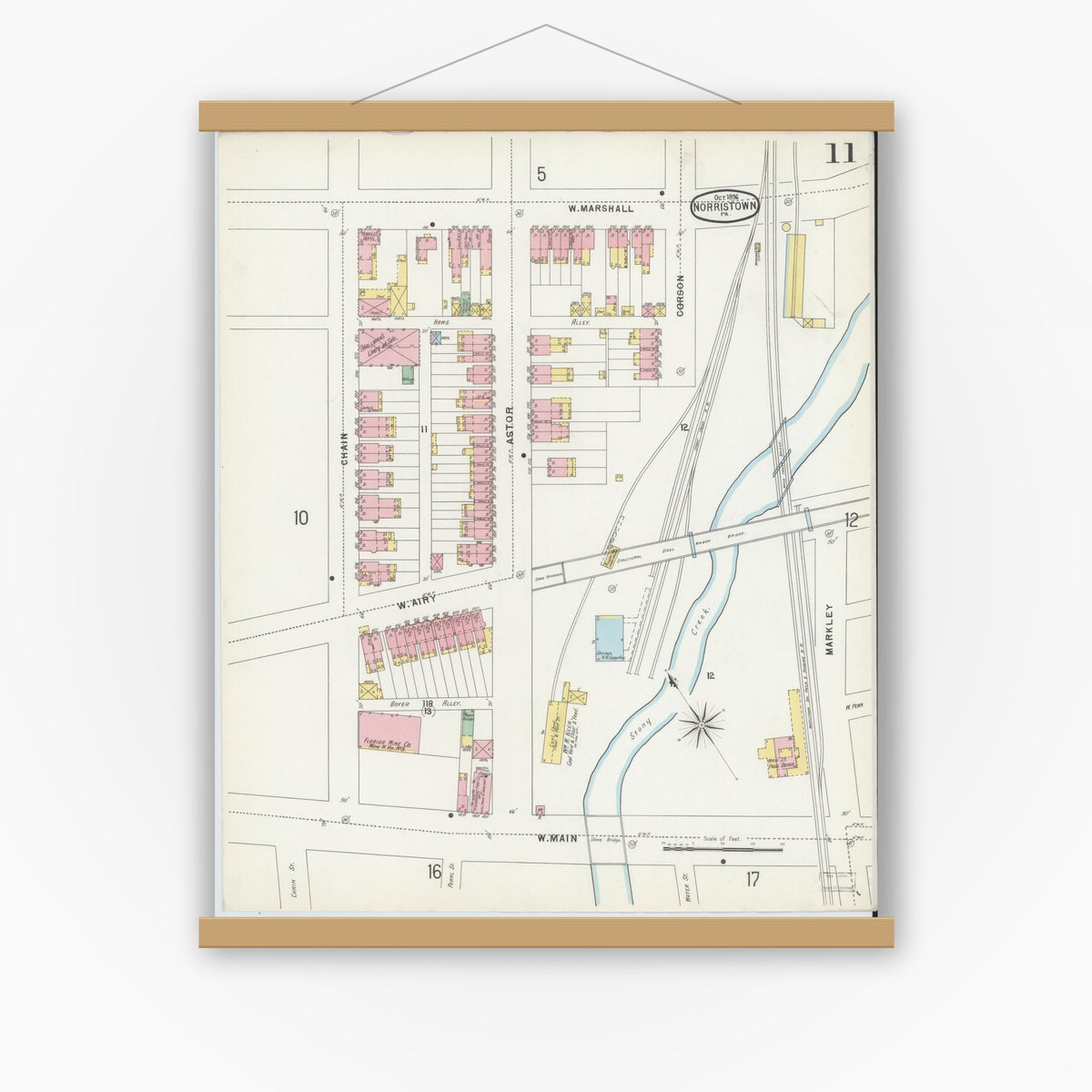 Old map wall art mockup — magnetic wood frame on white wall — Sanborn Fire Insurance Map from Norristown, Montgomery County, Pennsylvania (1896), Sheet #0011