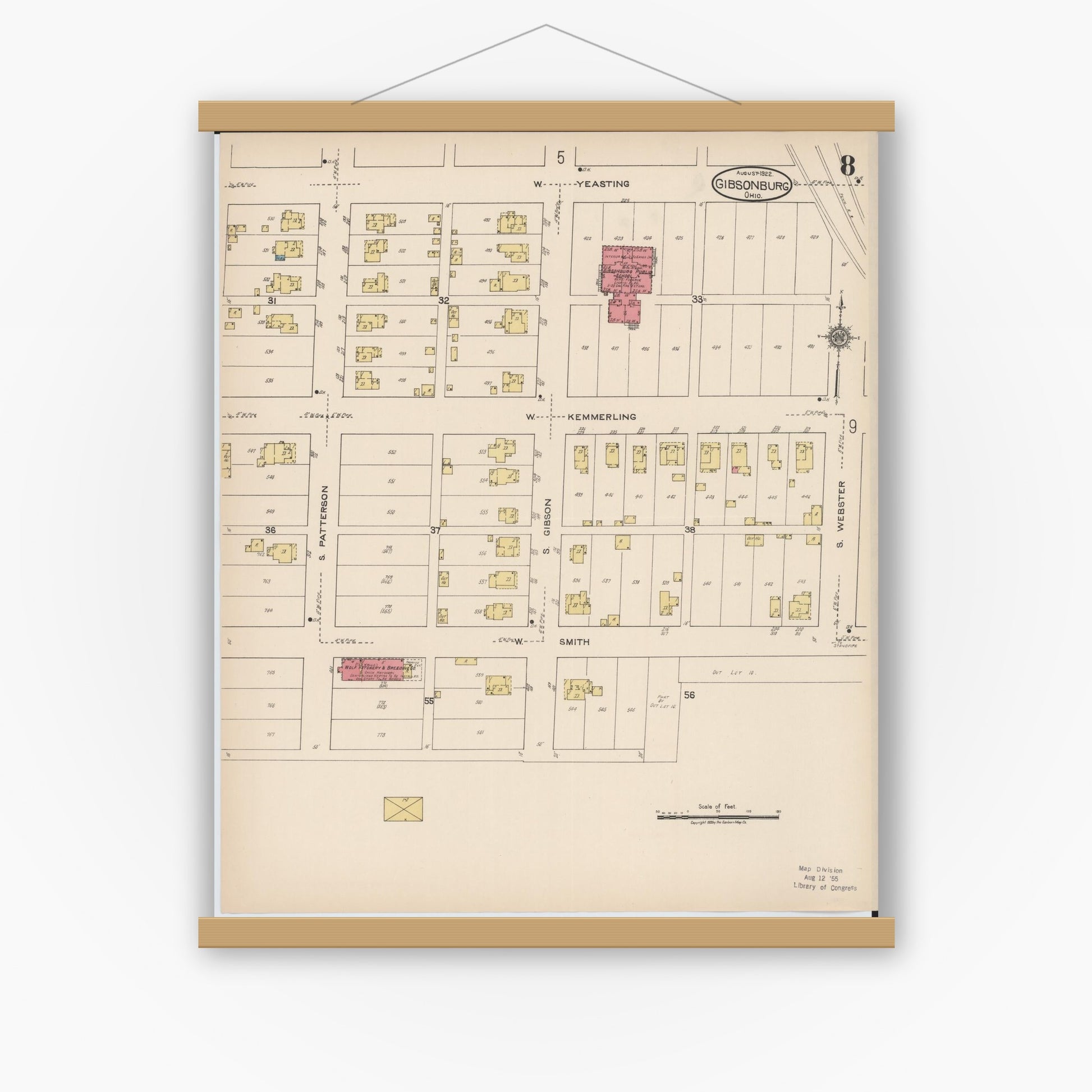 Old map wall art mockup — magnetic wood frame on white wall — Sanborn Fire Insurance Map from Gibsonburg, Sandusky County, Ohio (1922), Sheet #0008