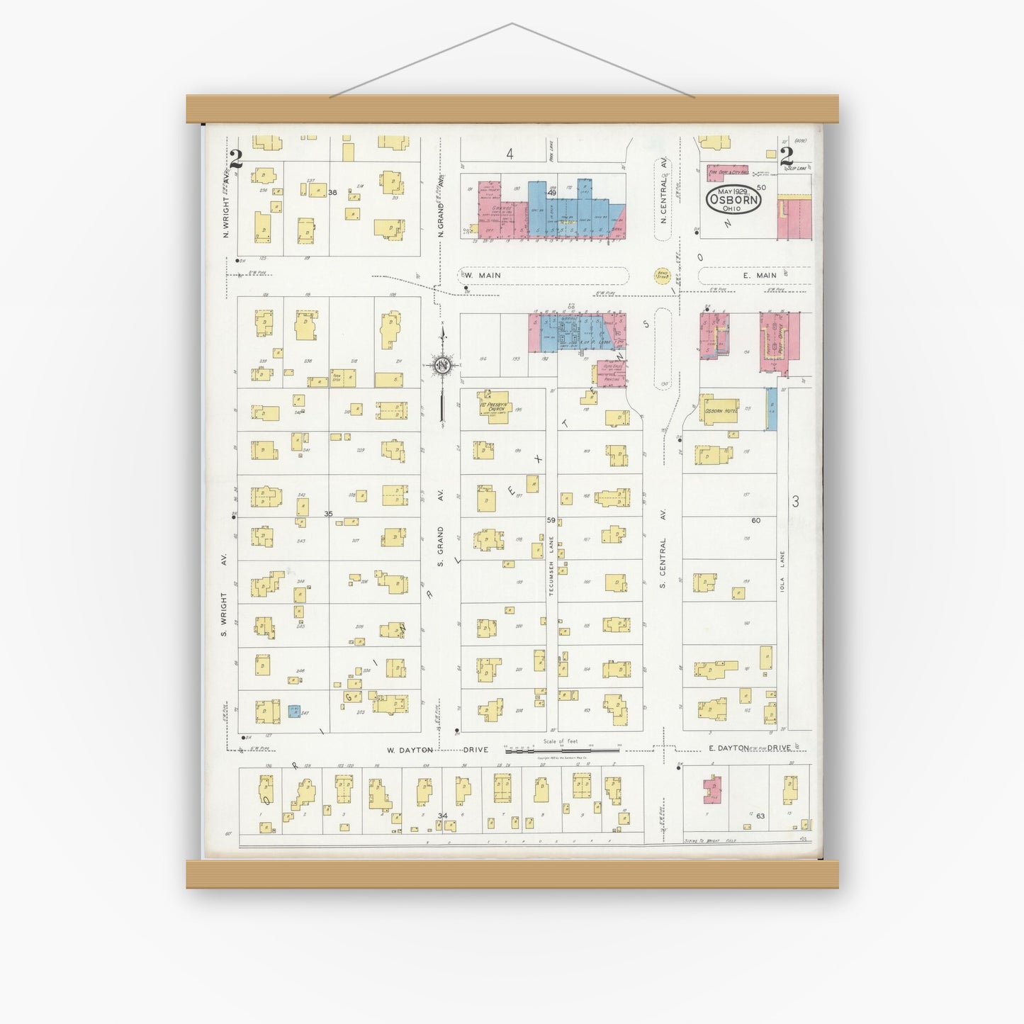 Old map wall art mockup — magnetic wood frame on white wall — Sanborn Fire Insurance Map from Osborn, Greene County, Ohio (1929), Sheet #0002
