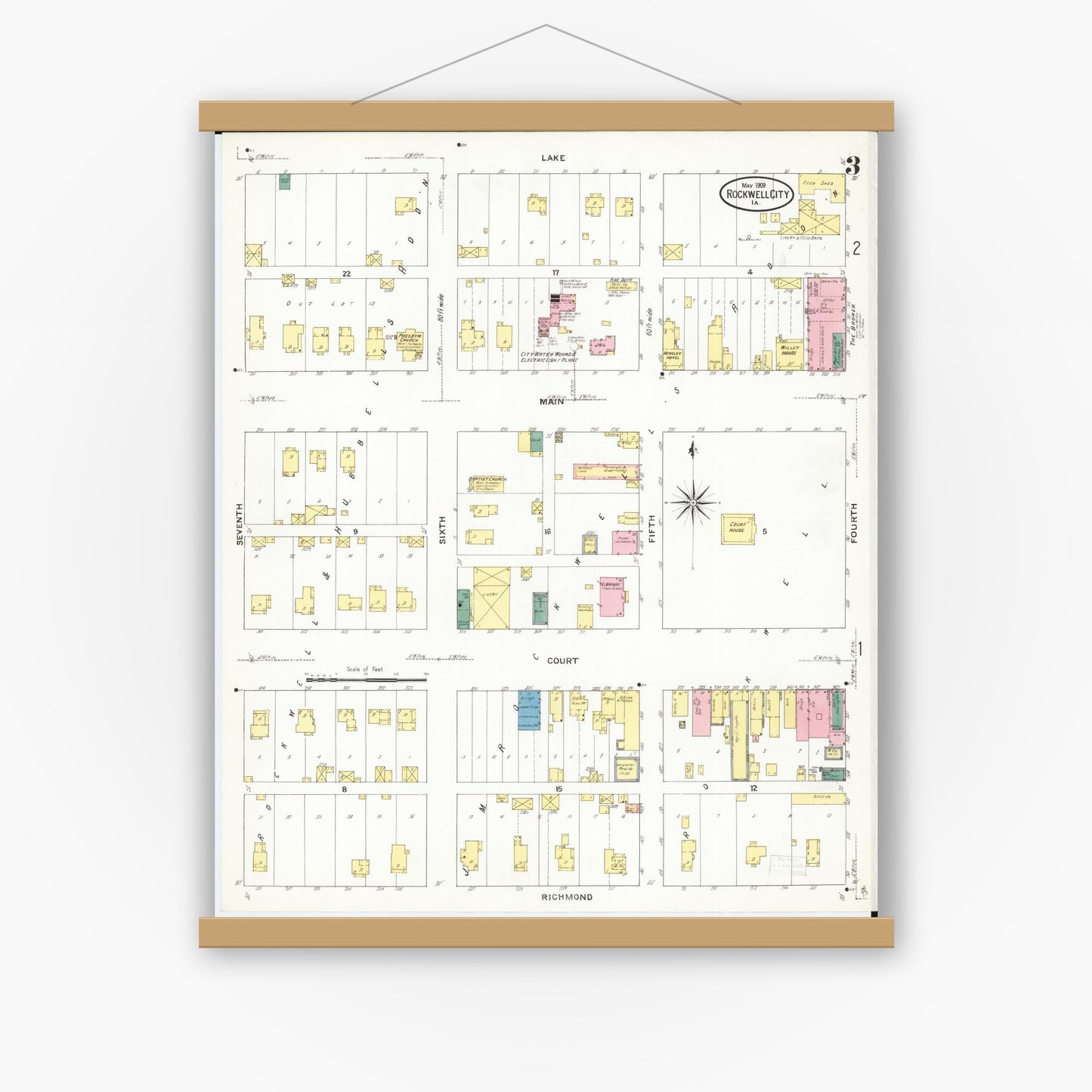 Old map wall art mockup — magnetic wood frame on white wall — Sanborn Fire Insurance Map from Rockwell City, Calhoun County, Iowa (1909), Sheet #0003
