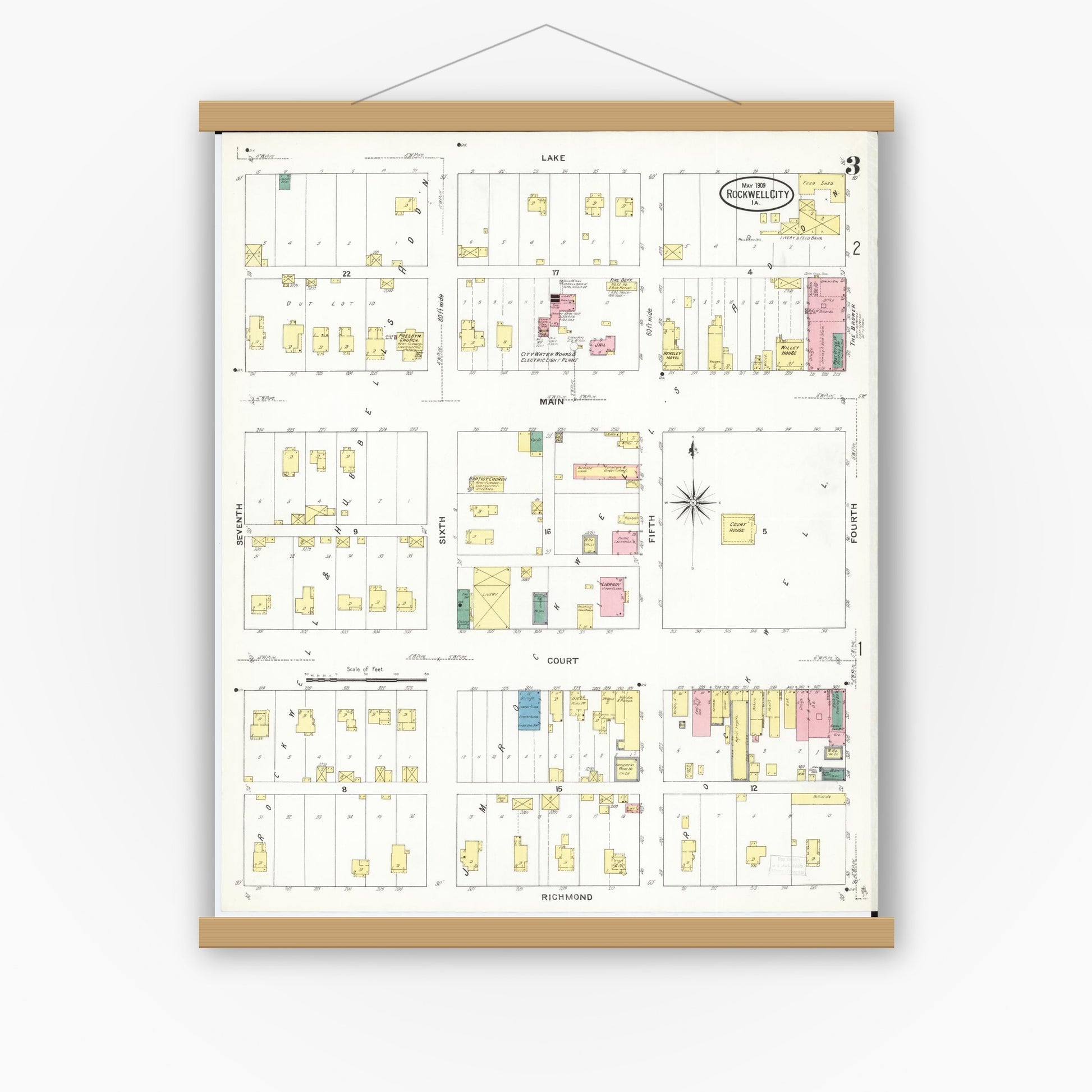 Old map wall art mockup — magnetic wood frame on white wall — Sanborn Fire Insurance Map from Rockwell City, Calhoun County, Iowa (1909), Sheet #0003