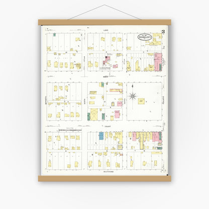 Old map wall art mockup — magnetic wood frame on white wall — Sanborn Fire Insurance Map from Rockwell City, Calhoun County, Iowa (1909), Sheet #0003