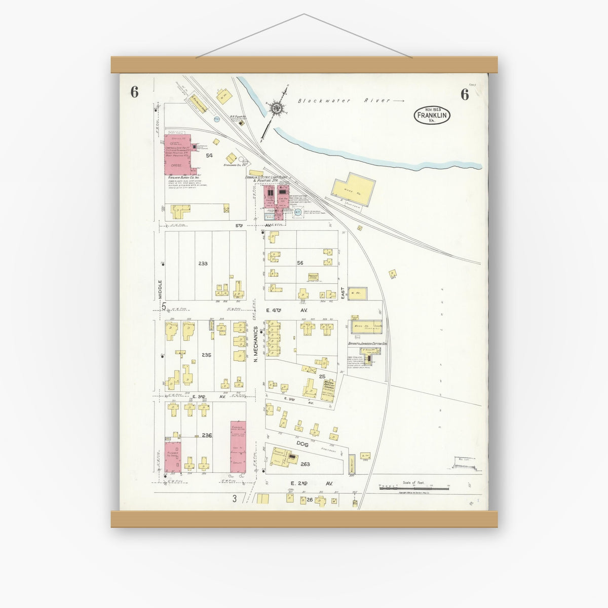 Old map wall art mockup — magnetic wood frame on white wall — Sanborn Fire Insurance Map from Franklin, Independent Cities, Virginia (1923), Sheet #0006