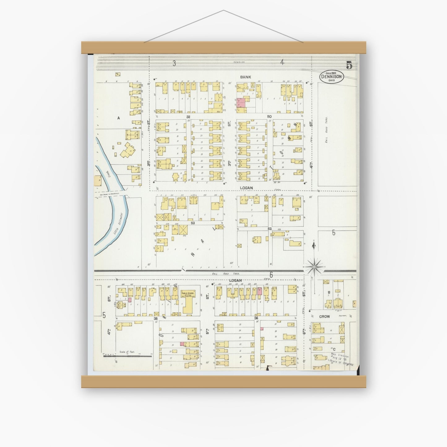 Old map wall art mockup — magnetic wood frame on white wall — Sanborn Fire Insurance Map from Dennison, Tuscarawas County, Ohio (1901), Sheet #0005